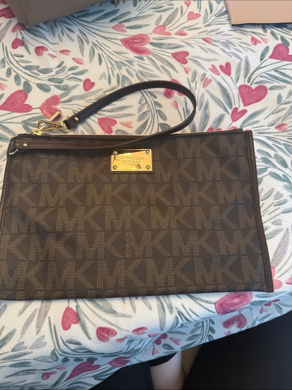 Michael Kors Brown MK Logo Wristlet with Gold Plate 7x10